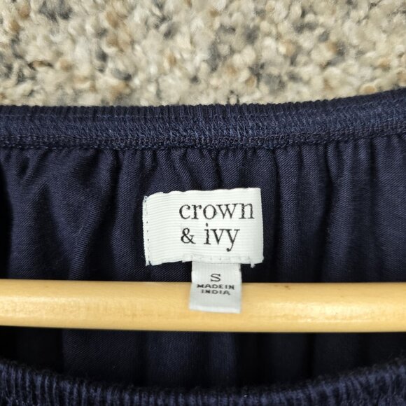 Crown & Ivy Top Womens Small Navy Blue Peasant Blouse Tassels Casual Ladies - Picture 6 of 7